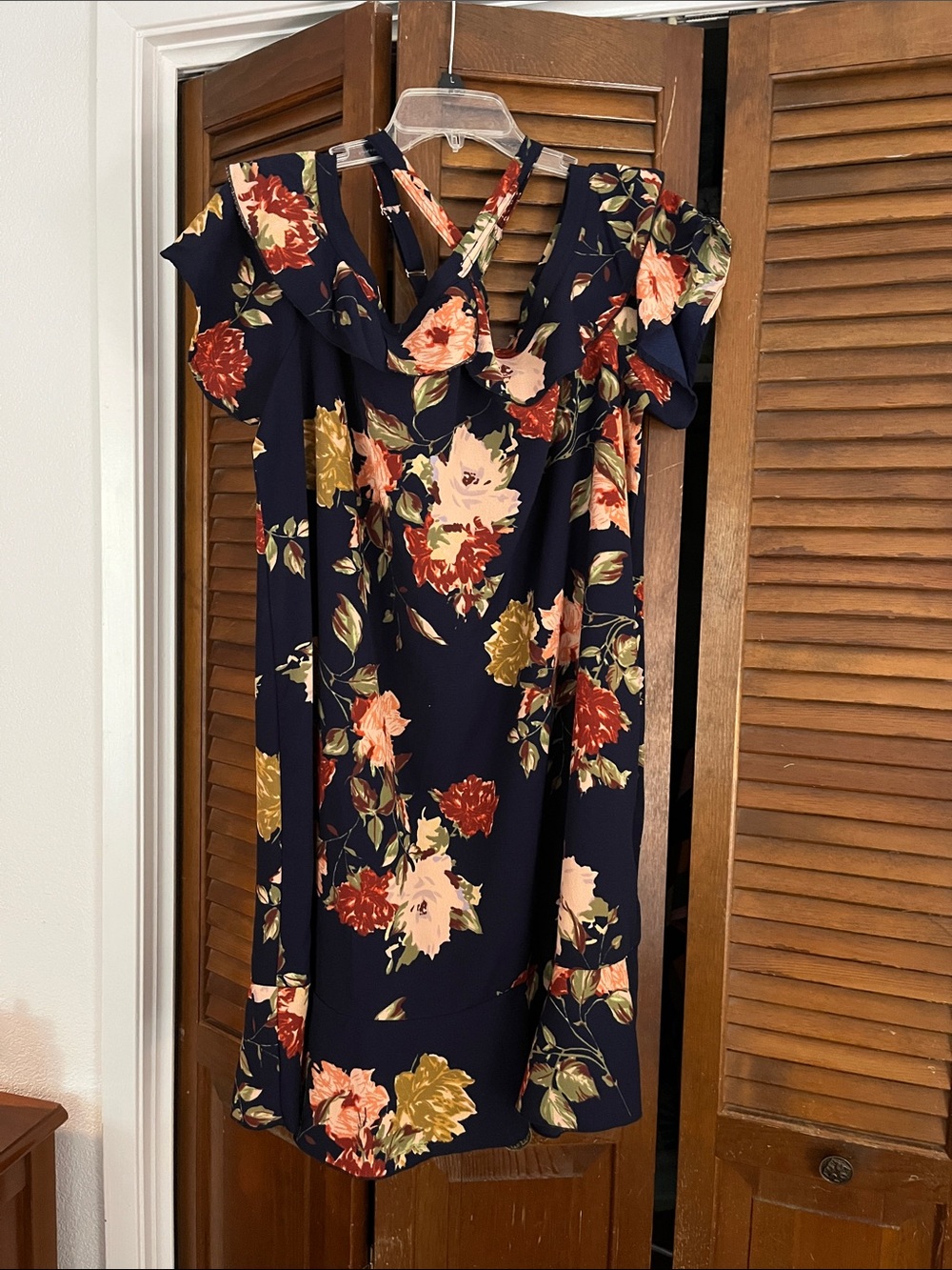 Navy Floral Ruffle,Off-Shoulder Midi Dress